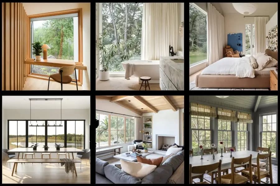 A grid of rooms styled with black-framed Andersen windows