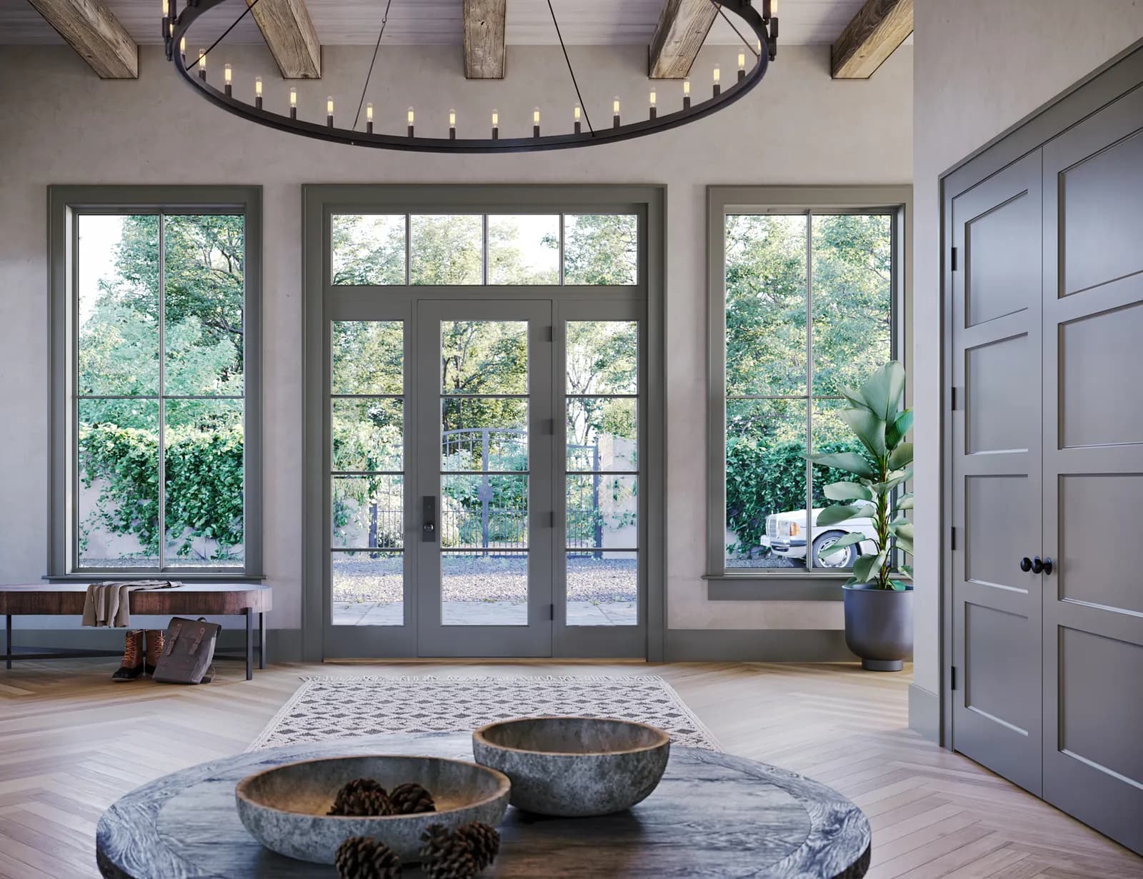 A farmhouse-style Marvin entry door on a home's front entry