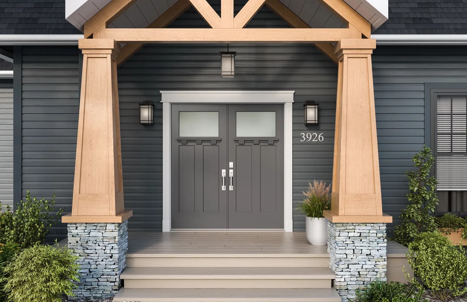 A craftsman-style Masonite entry door on a home's front entry
