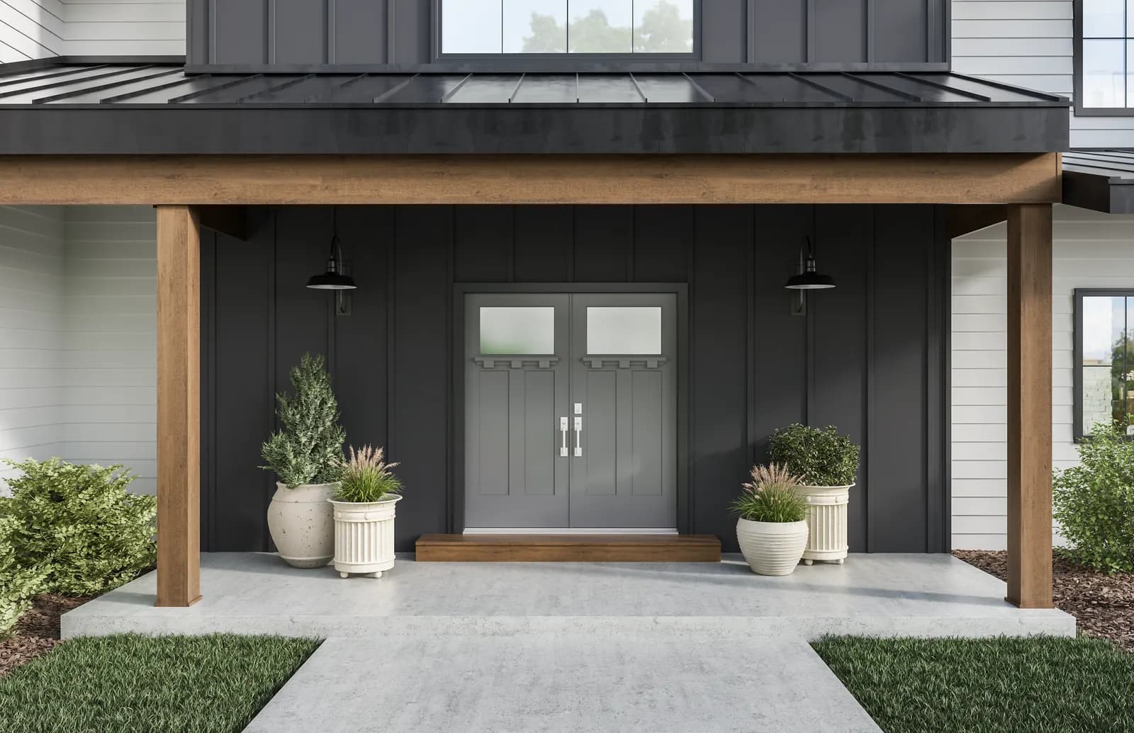 A transitional Masonite entry door set in a covered front entry