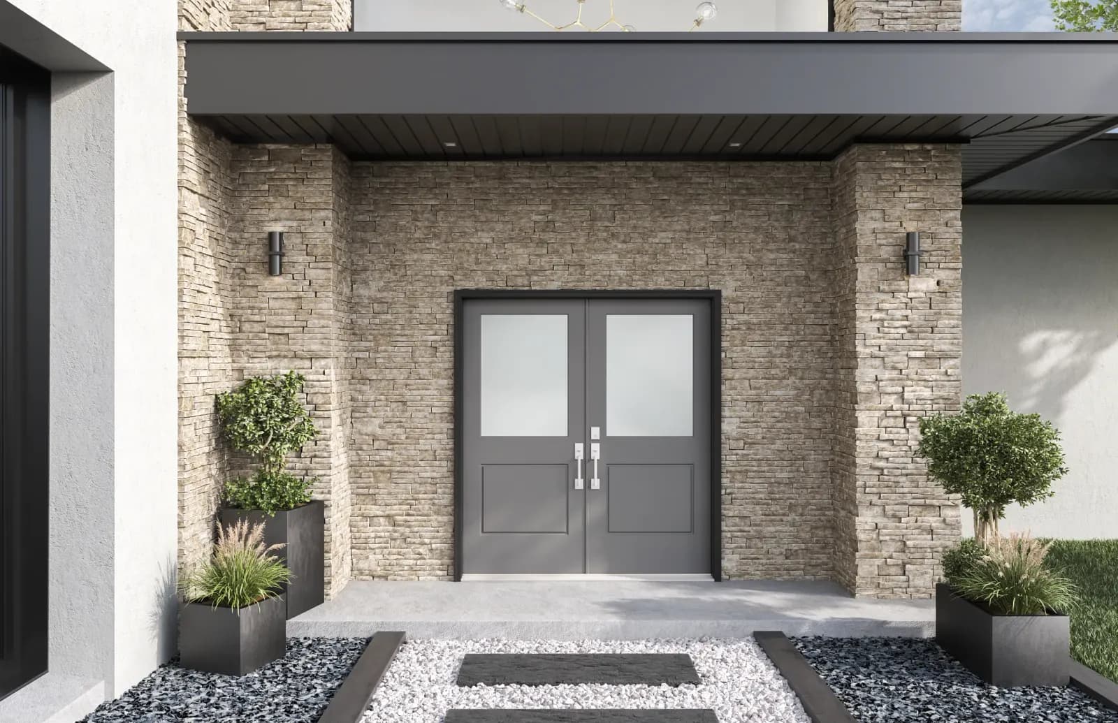 A modern Masonite entry door anchoring a home's curb appeal
