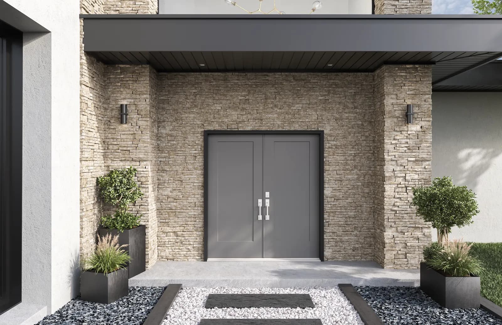 A modern Masonite entry door on a residential front elevation