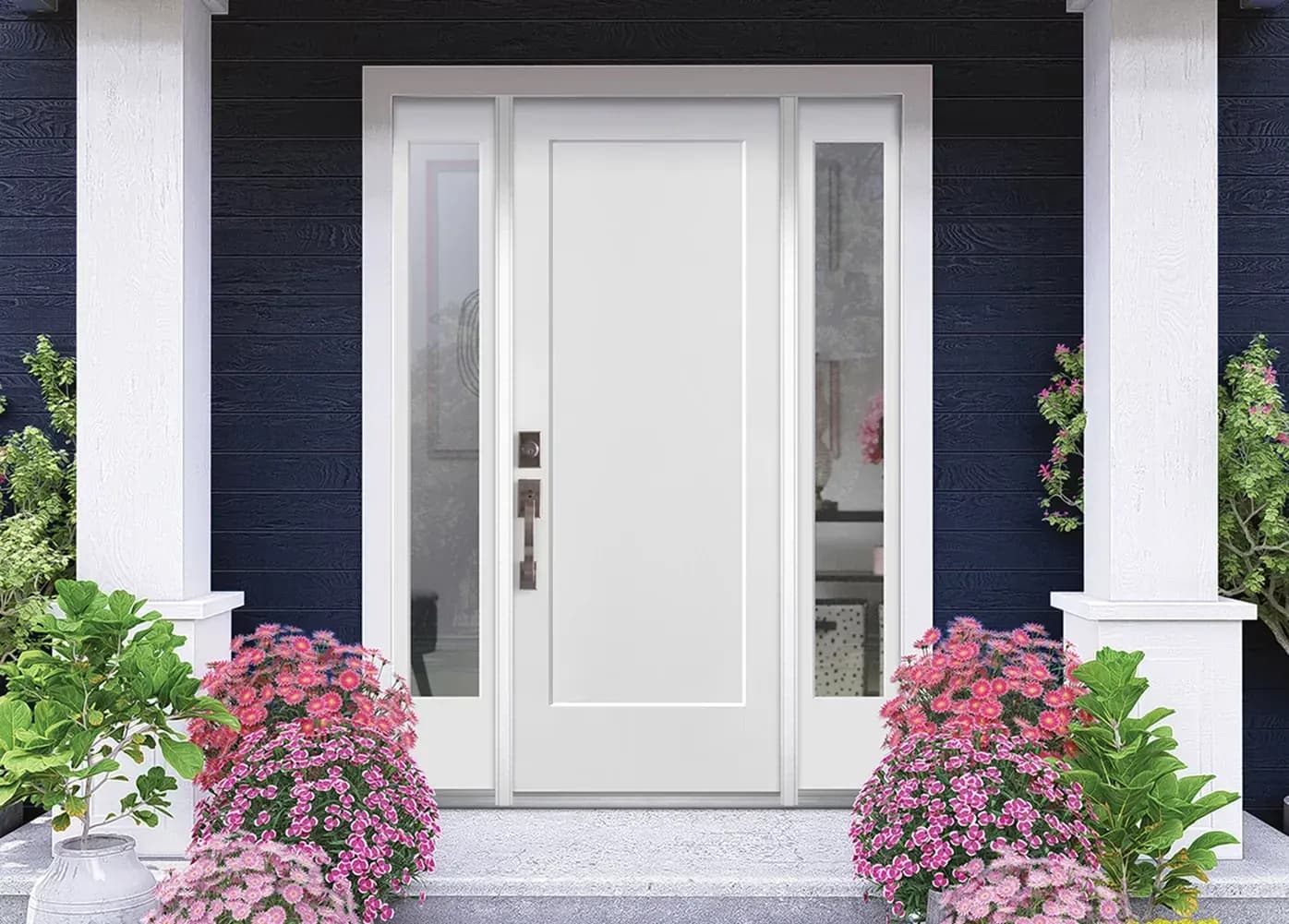 A modern Masonite entry door on a home's front entrance