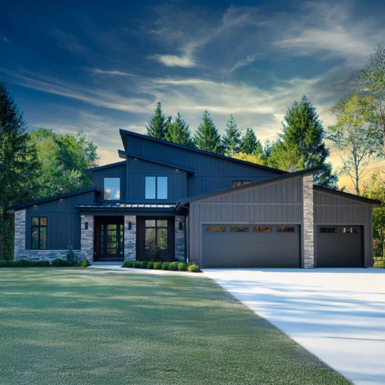A near-black modern farmhouse at dusk with stone accents and a metal-roof porch, in LP SmartSide