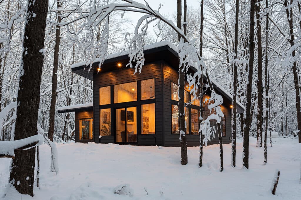 A charcoal modern cabin in a snowy woodland clad in LP SmartSide lap siding