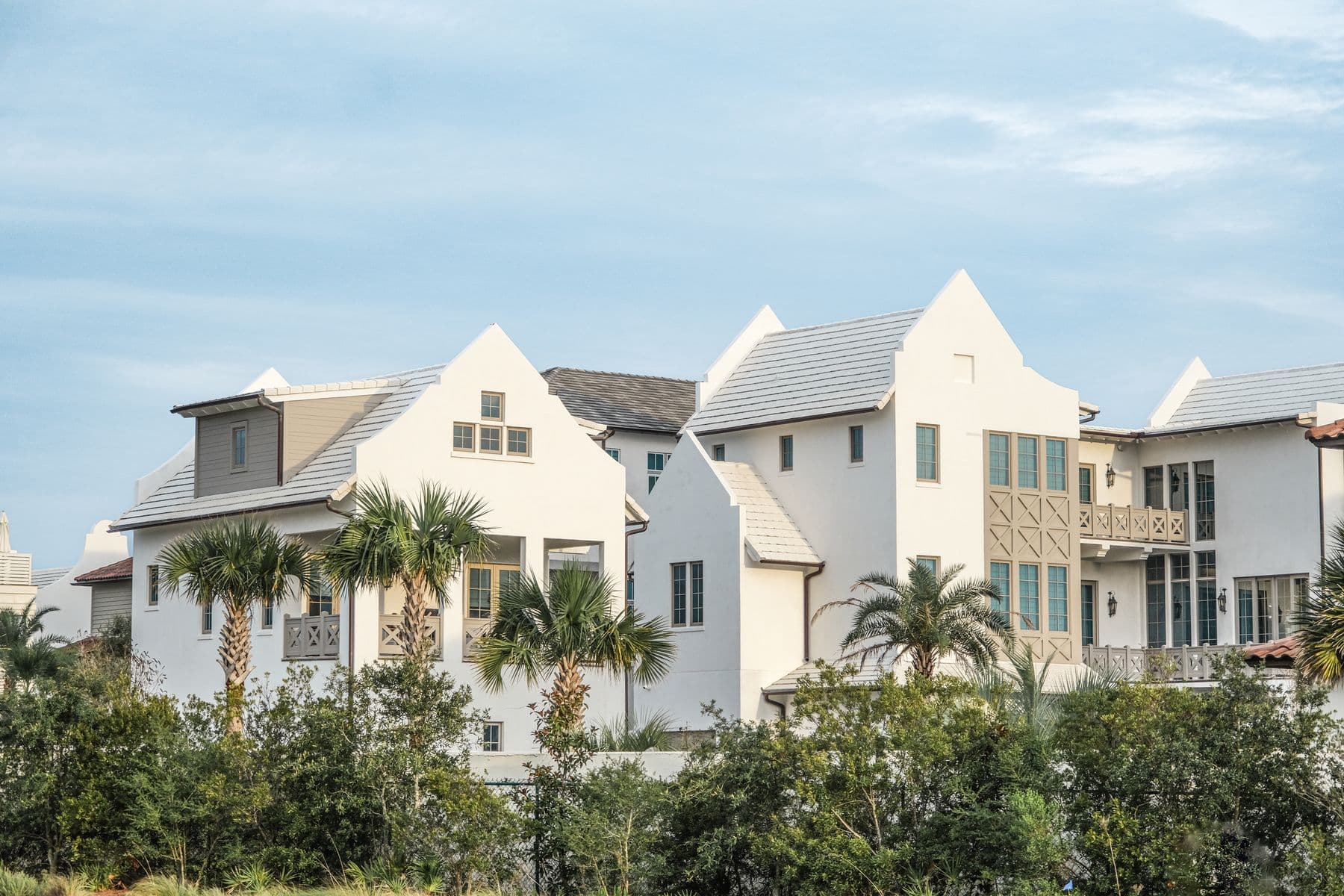 A cluster of white gabled Lowcountry-style coastal homes with palms under a soft blue sky