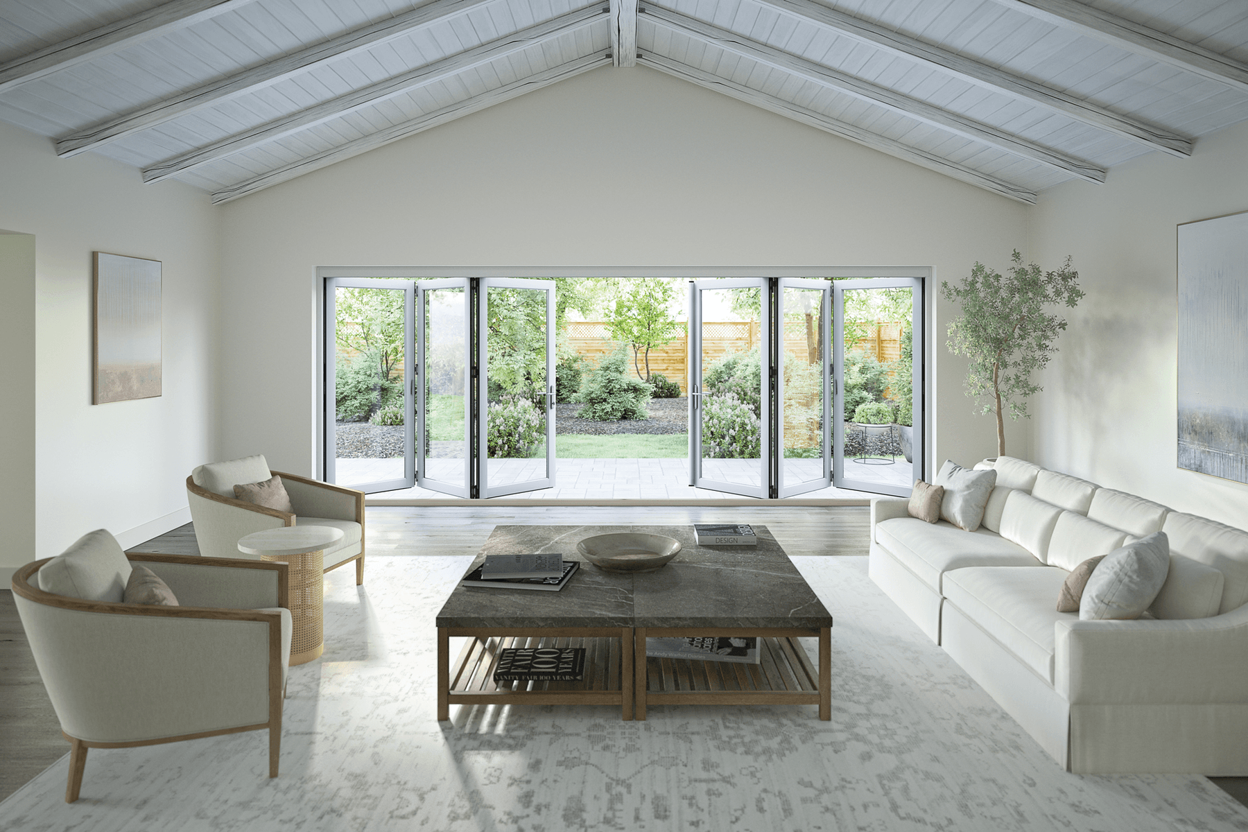 Marvin bi-fold (accordion) glass door framing an indoor-outdoor living space