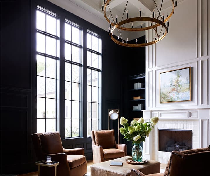 Dark Pella Reserve fixed windows in a study